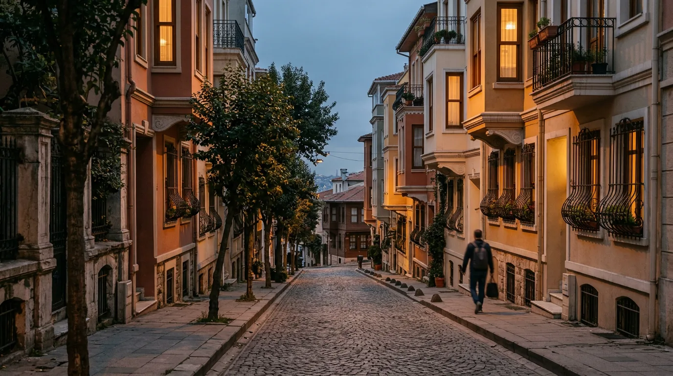 Akşam saatlerinde sıcak ışıklı pencereleri olan, ağaçlı ve sakin bir İstanbul sokağı.